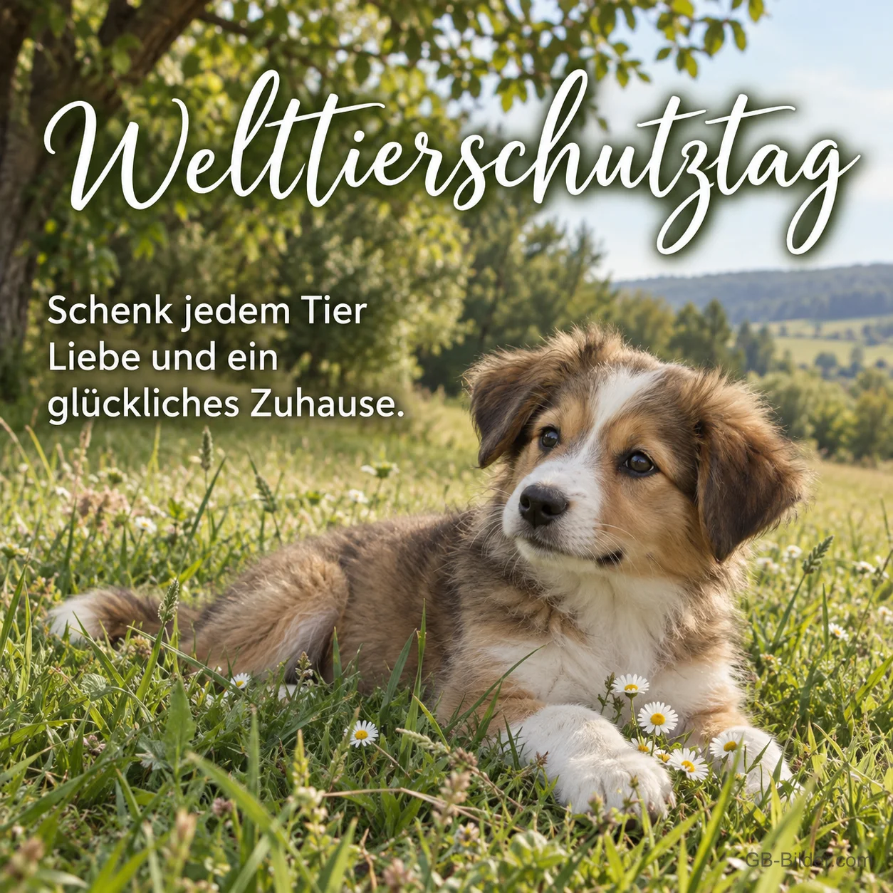 Welpe in der Blumenwiese, Text: Welttierschutztag