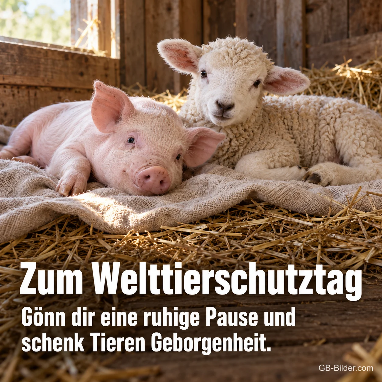 Ferkel und Lamm im Stroh, Text: Zum Welttierschutztag
