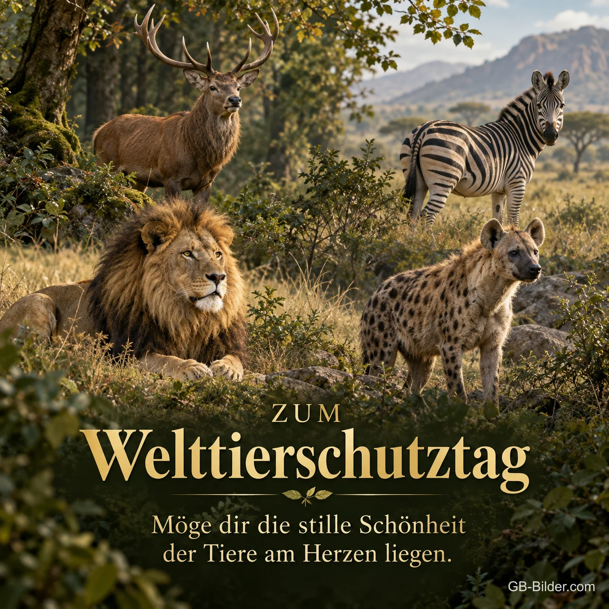 Hirsch, Zebra, Löwe und Hyäne, Text: Zum Welttierschutztag