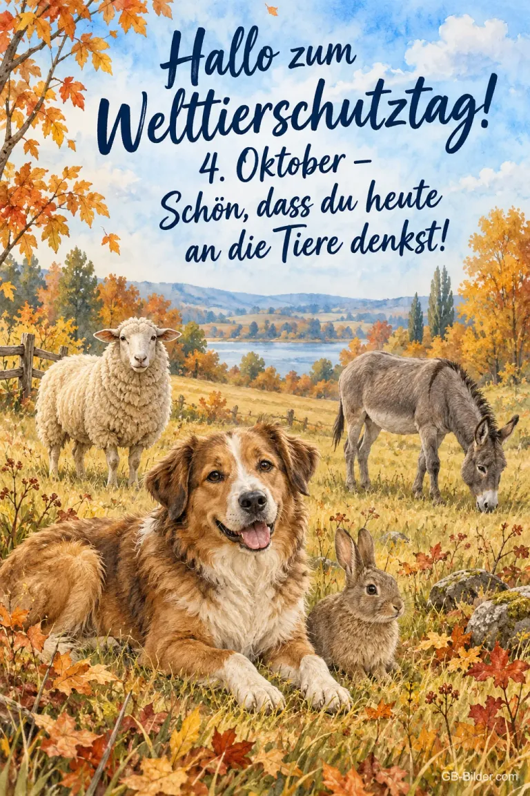 Hund, Hase, Schaf und Esel auf der Herbstwiese, Text: Hallo zum Welttierschutztag!