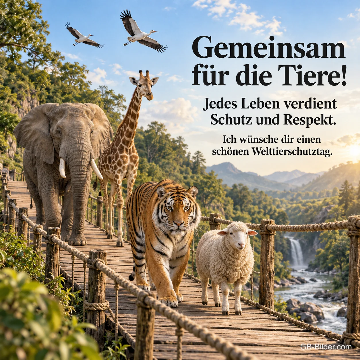 Tiere auf einer Hängebrücke, Text: Gemeinsam für die Tiere!