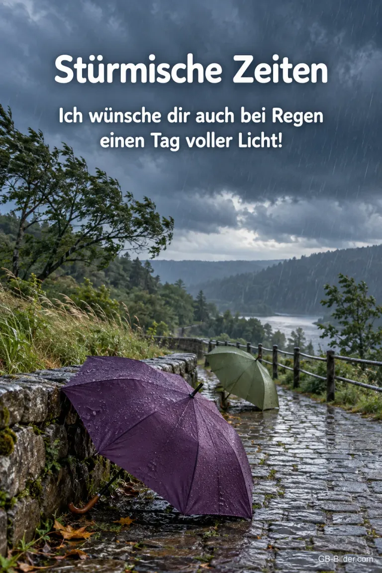 Regenschirme auf dem Uferweg, Text: Stürmische Zeiten