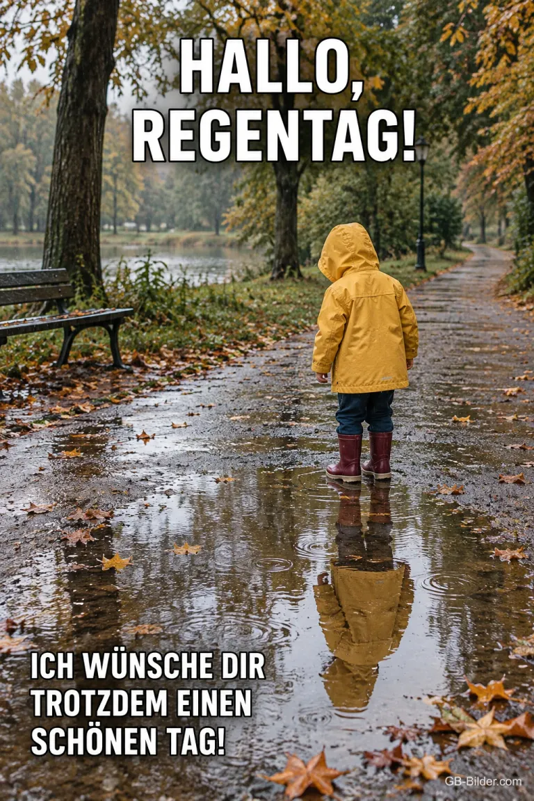 Kind im Regenmantel an der Pfütze, Text: Hallo, Regentag