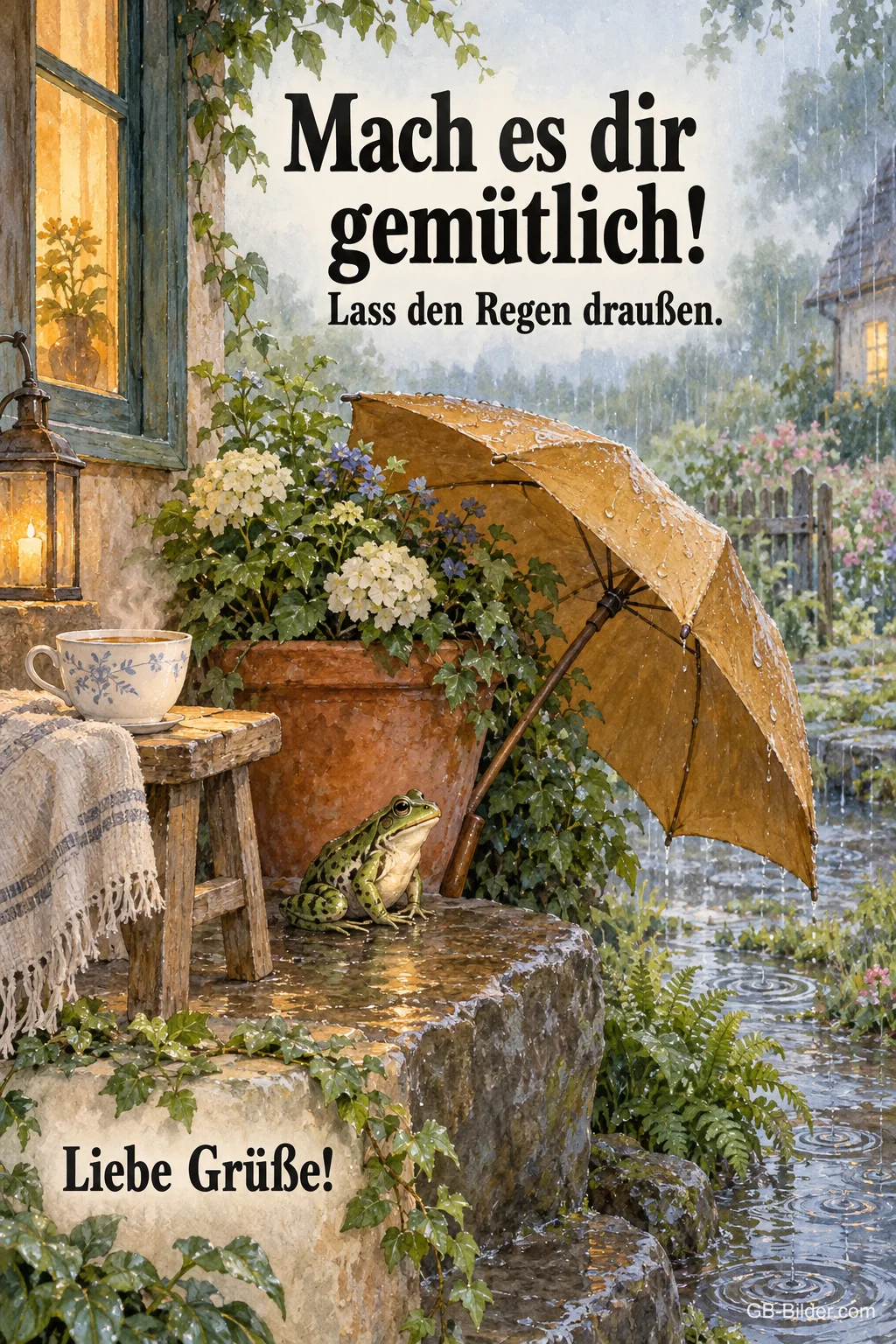 Frosch unter dem Schirm im Regen, Text: Mach es dir gemütlich Frosch unter dem Schirm im Regen, Text: Mach es dir gemütlich