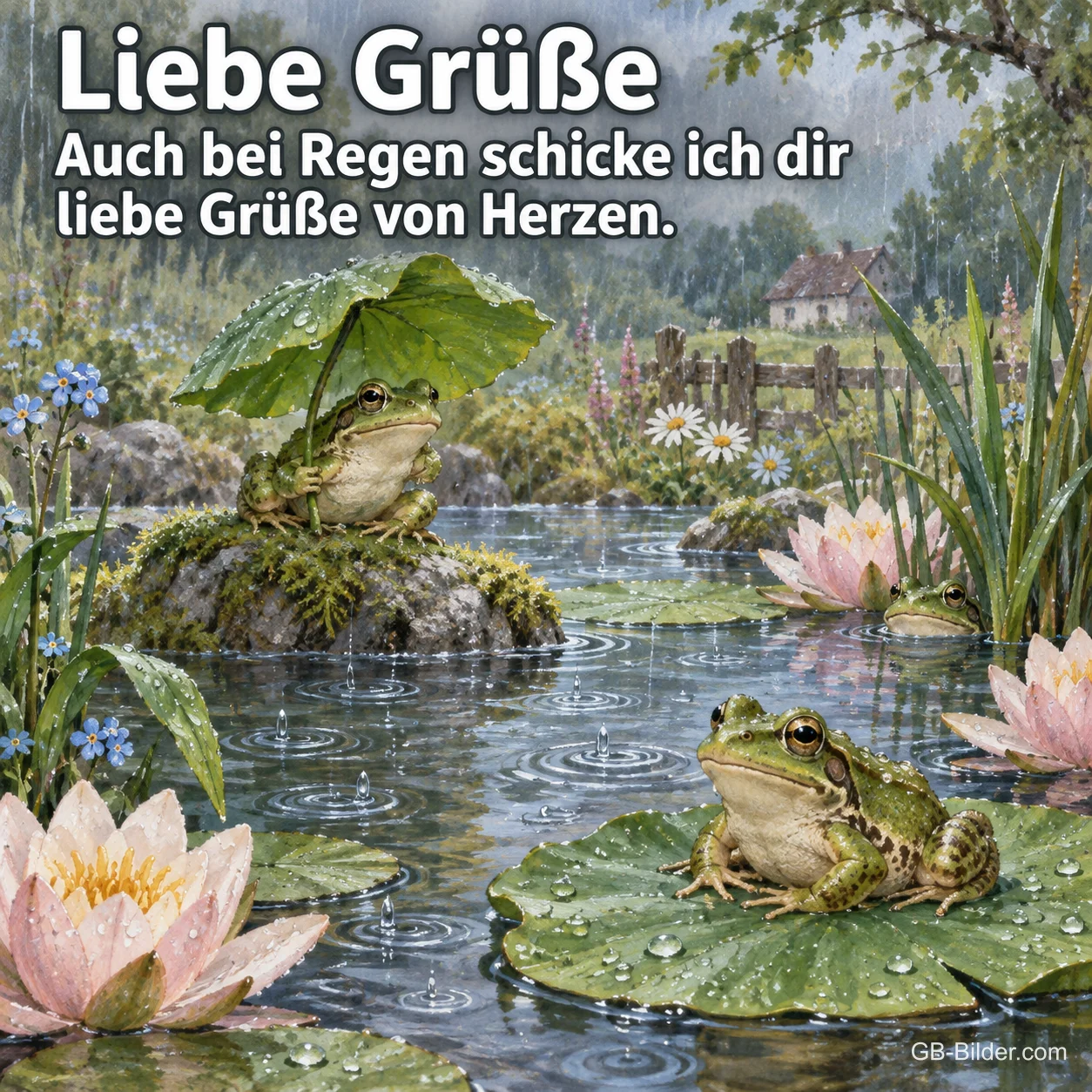 Frösche am Teich im Regen, Text: Liebe Grüße Frösche am Teich im Regen, Text: Liebe Grüße