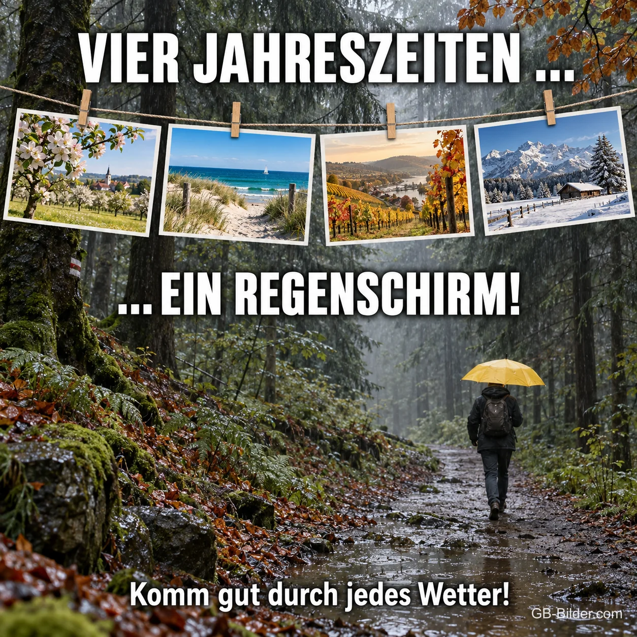 Wanderer mit Schirm im Regen, lustiger Text, Text: Vier Jahreszeiten Wanderer mit Schirm im Regen, lustiger Text, Text: Vier Jahreszeiten