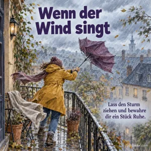 Frau mit Schirm im Sturm, Text: Wenn der Wind singt