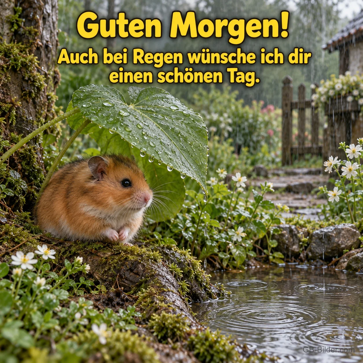 Hamster unter einem Blatt, Text: Guten Morgen Hamster unter einem Blatt, Text: Guten Morgen
