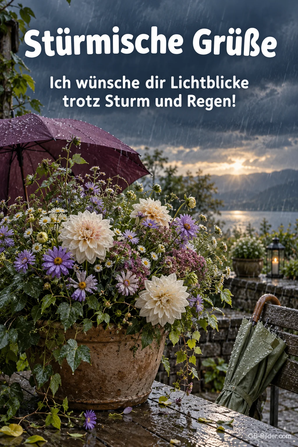 Blumentopf im Regen, Text: Stürmische Grüße Blumentopf im Regen, Text: Stürmische Grüße