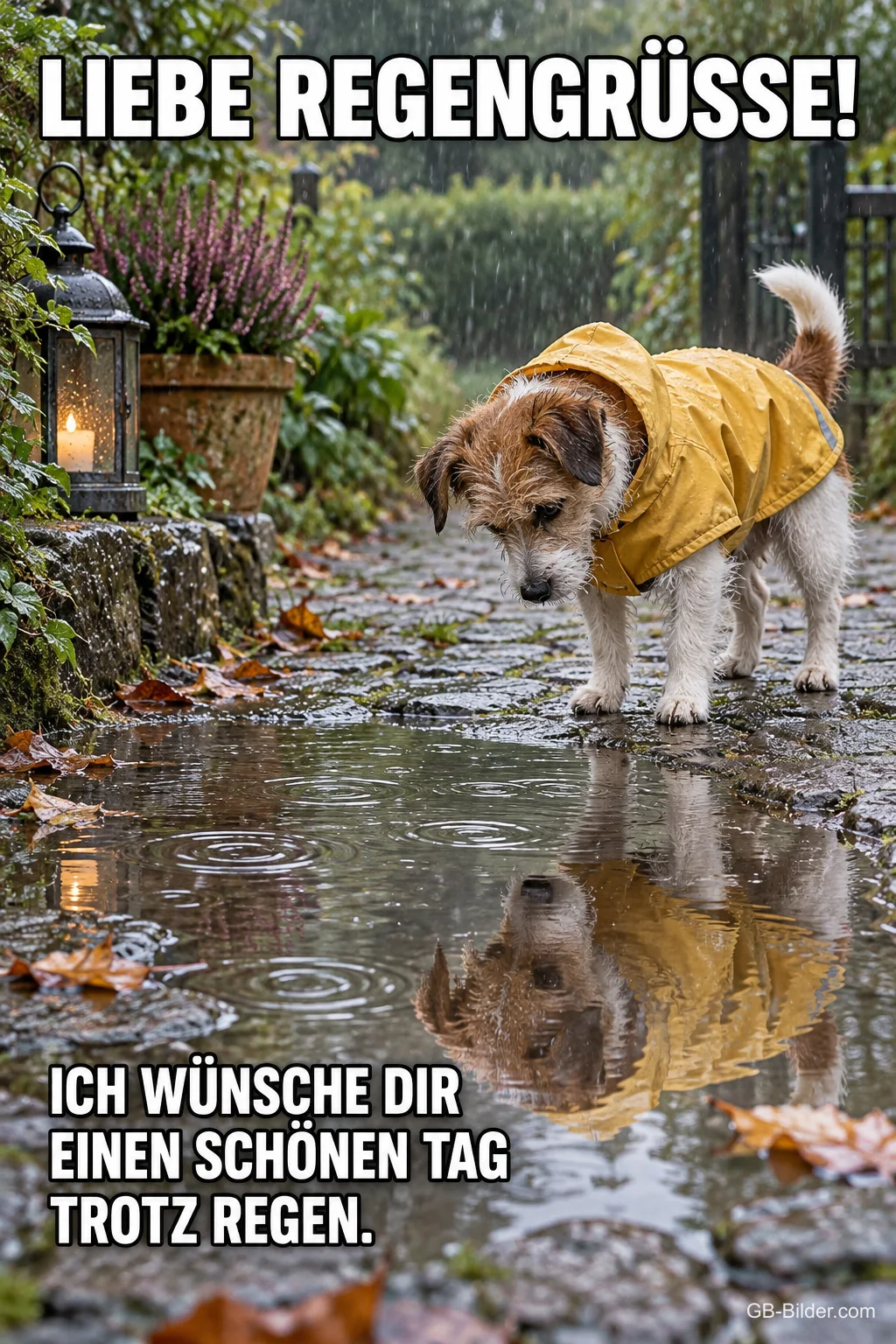 Hund im Regenmantel an der Pfütze, Text: Liebe Regengrüße Hund im Regenmantel an der Pfütze, Text: Liebe Regengrüße