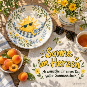 Sonnenteller mit Aprikosen, Text: Sonne im Herzen