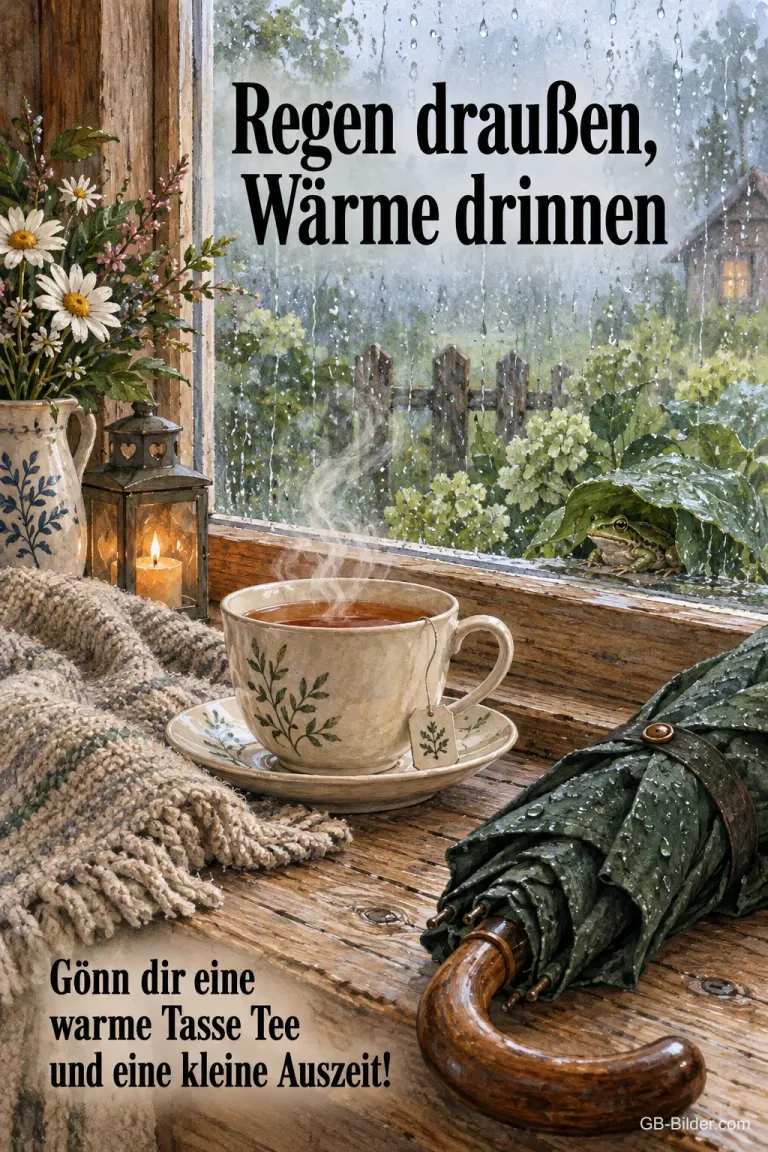 Tasse Tee am Regenfenster, Text: Regen draußen, Wärme drinnen