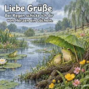 Zwei Frösche unter einem Blatt, Text: Liebe Grüße