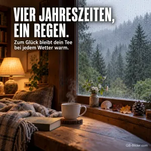 Tee am Fenster bei Regen, lustiger Text, Text: Vier Jahreszeiten, ein Regen