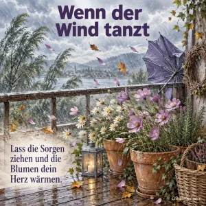 Blumentöpfe auf dem windigen Balkon, Text: Wenn der Wind tanzt