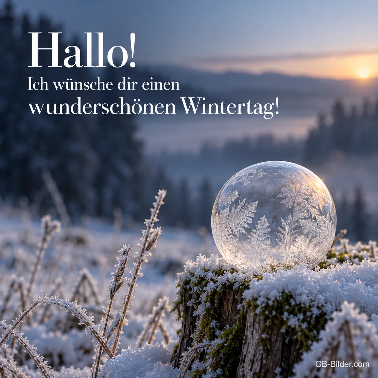 Gefrorene Seifenblase mit Eismuster auf verschneitem Baumstumpf, Text: Hallo! Ich wünsche dir einen wunderschönen Wintertag! Gefrorene Seifenblase mit Eismuster auf verschneitem Baumstumpf, Text: Hallo! Ich wünsche dir einen wunderschönen Wintertag!