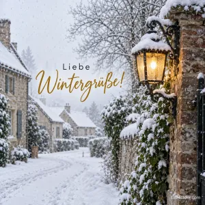 Leuchtende Laterne in einer verschneiten Dorfgasse, Text: Liebe Wintergrüße!