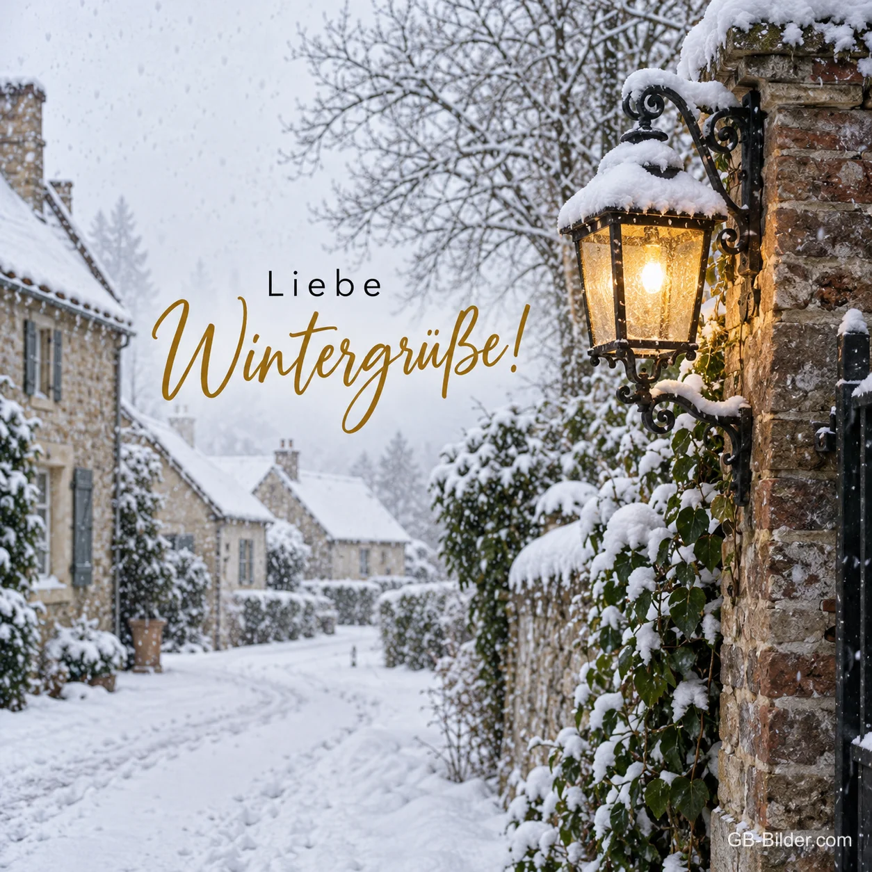 Leuchtende Laterne in einer verschneiten Dorfgasse, Text: Liebe Wintergrüße! Leuchtende Laterne in einer verschneiten Dorfgasse, Text: Liebe Wintergrüße!