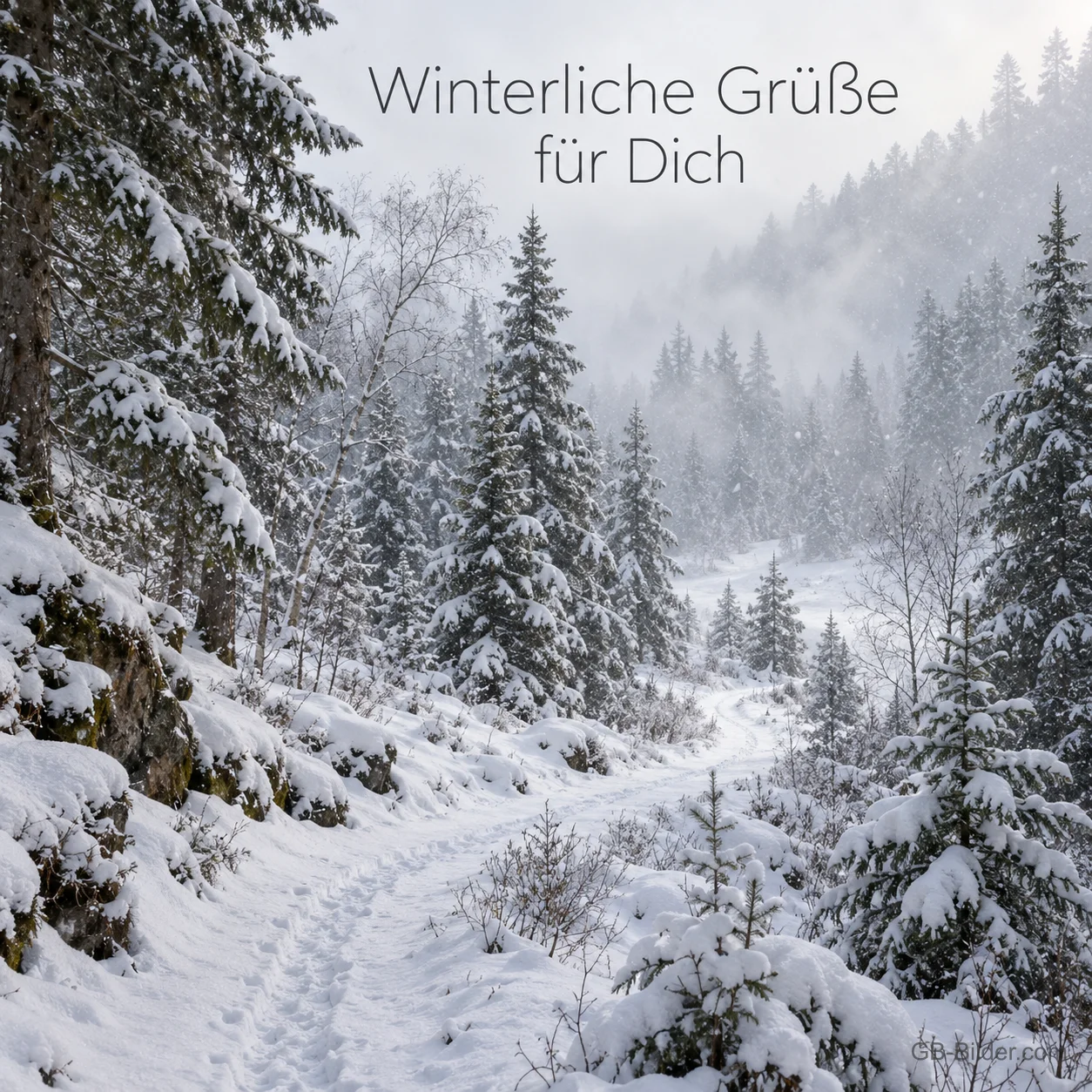 Verschneiter Tannenwald mit Fußspuren im Schnee, Text: Winterliche Grüße für Dich Verschneiter Tannenwald mit Fußspuren im Schnee, Text: Winterliche Grüße für Dich