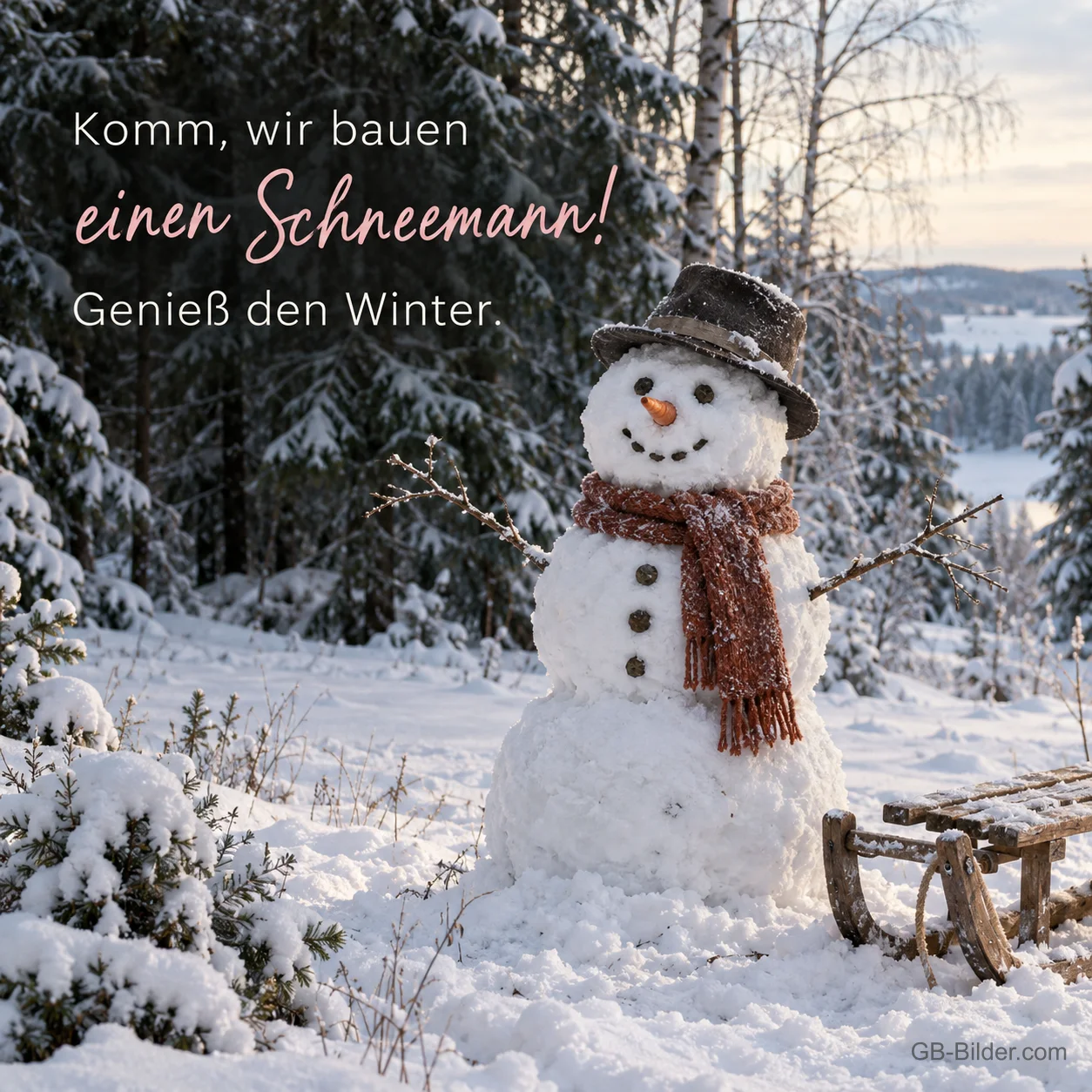 Schneemann mit Hut und Schal neben einem Schlitten im Schnee, Text: Komm, wir bauen einen Schneemann! Genieß den Winter. Schneemann mit Hut und Schal neben einem Schlitten im Schnee, Text: Komm, wir bauen einen Schneemann! Genieß den Winter.