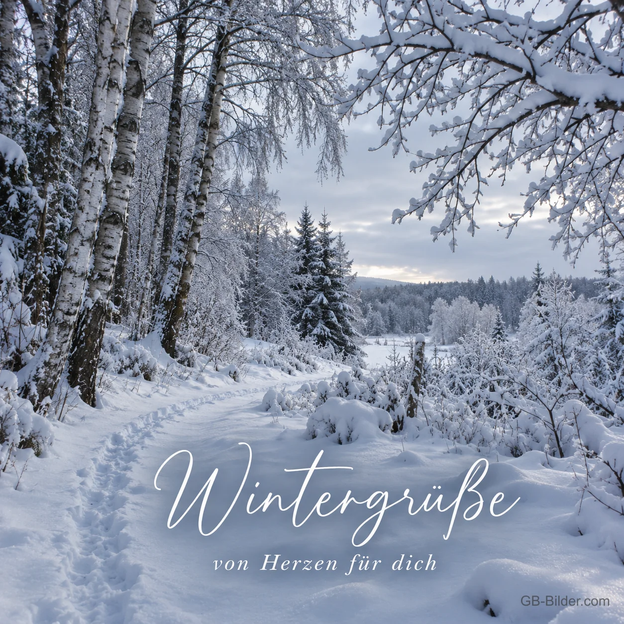 Verschneiter Pfad zwischen weißen Birken, Text: Wintergrüße von Herzen für dich Verschneiter Pfad zwischen weißen Birken, Text: Wintergrüße von Herzen für dich