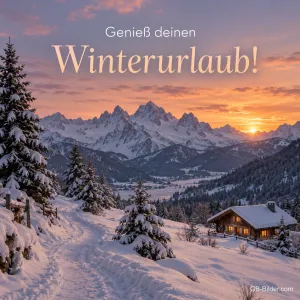 Verschneite Berghütte vor Gipfeln im Sonnenuntergang, Text: Genieß deinen Winterurlaub!