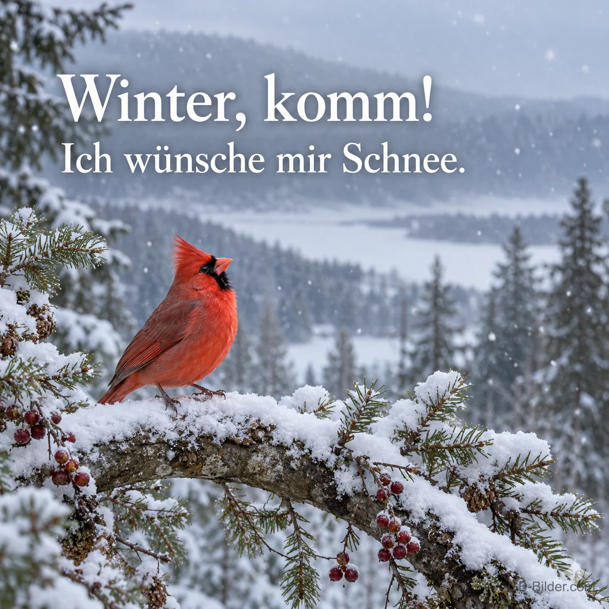 Roter Vogel auf einem verschneiten Ast mit Beeren, Text: Winter, komm! Ich wünsche mir Schnee. Roter Vogel auf einem verschneiten Ast mit Beeren, Text: Winter, komm! Ich wünsche mir Schnee.