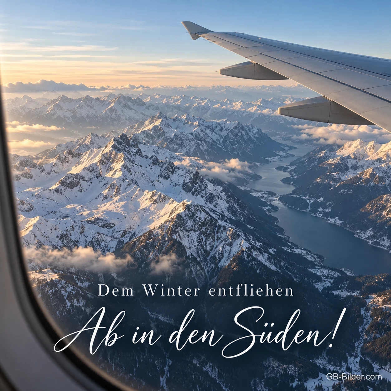 Flugzeugflügel über verschneiten Alpen, Text: Dem Winter entfliehen – Ab in den Süden! Flugzeugflügel über verschneiten Alpen, Text: Dem Winter entfliehen – Ab in den Süden!