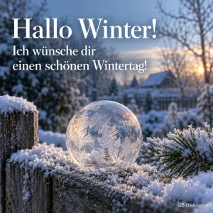 Gefrorene Seifenblase auf einem verschneiten Zaun, Text: Hallo Winter! Ich wünsche dir einen schönen Wintertag!