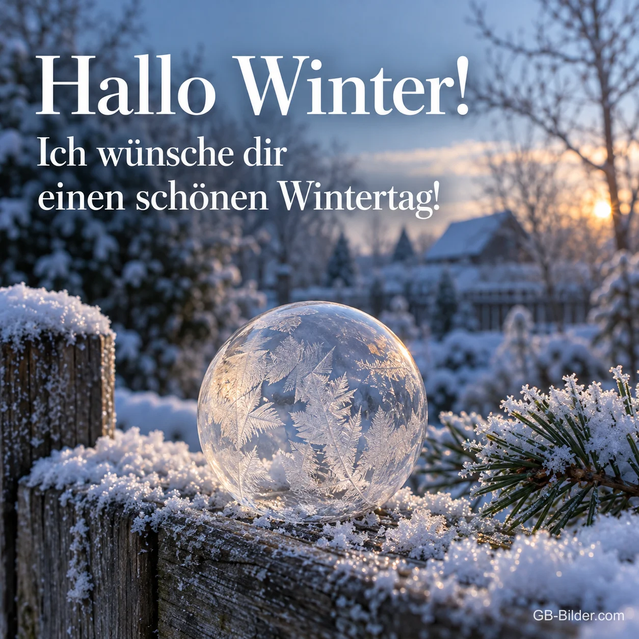 Gefrorene Seifenblase auf einem verschneiten Zaun, Text: Hallo Winter! Ich wünsche dir einen schönen Wintertag! Gefrorene Seifenblase auf einem verschneiten Zaun, Text: Hallo Winter! Ich wünsche dir einen schönen Wintertag!