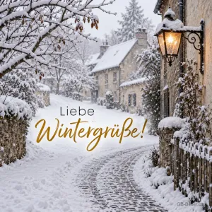 Laterne in einer verschneiten Dorfgasse, Text: Liebe Wintergrüße!