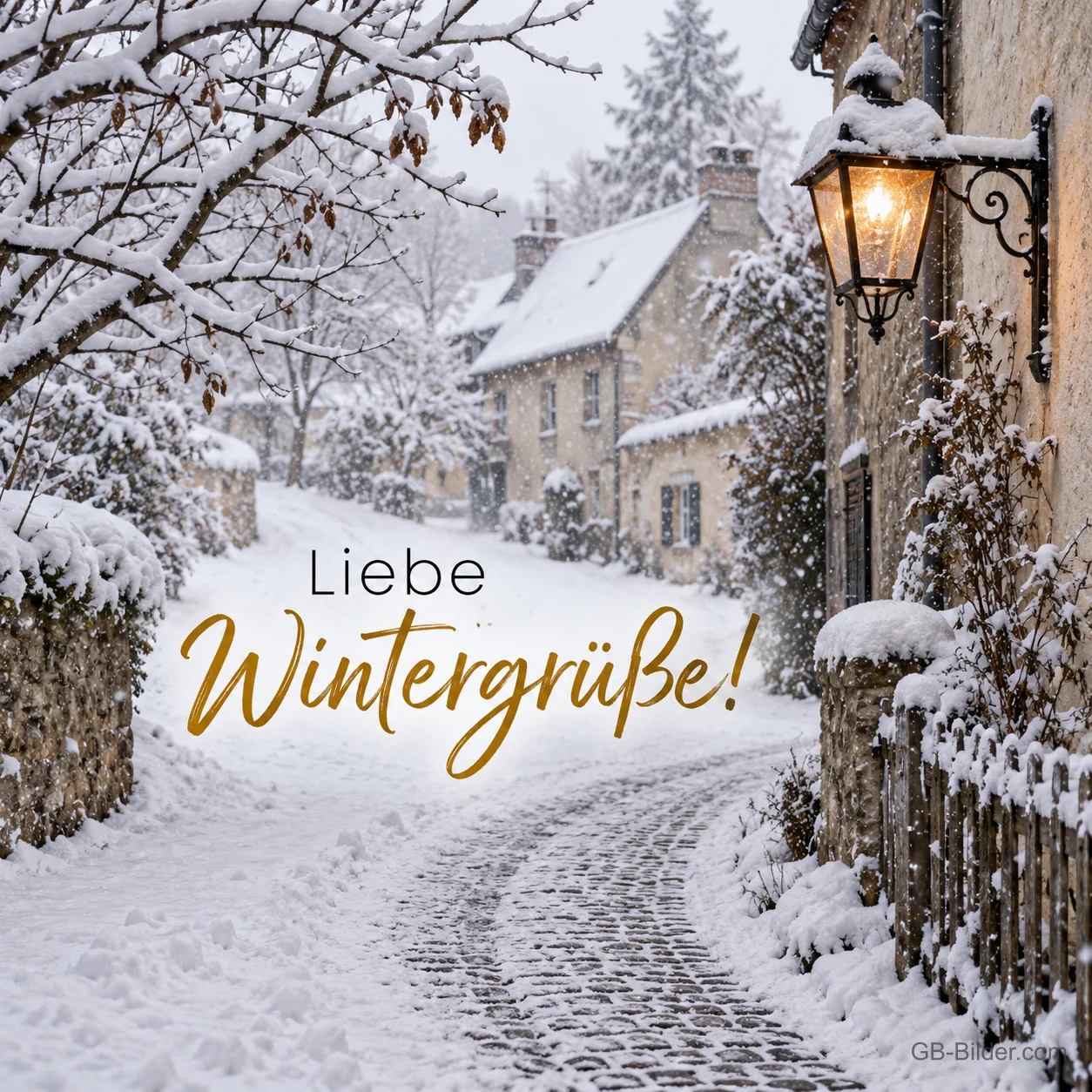 Laterne in einer verschneiten Dorfgasse, Text: Liebe Wintergrüße! Laterne in einer verschneiten Dorfgasse, Text: Liebe Wintergrüße!