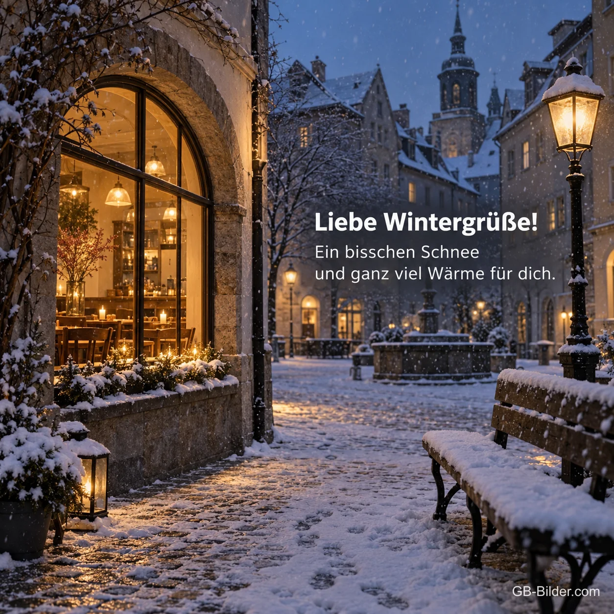Beleuchtetes Café am verschneiten Altstadtplatz, Text: Liebe Wintergrüße! Ein bisschen Schnee und ganz viel Wärme für dich. Beleuchtetes Café am verschneiten Altstadtplatz, Text: Liebe Wintergrüße! Ein bisschen Schnee und ganz viel Wärme für dich.