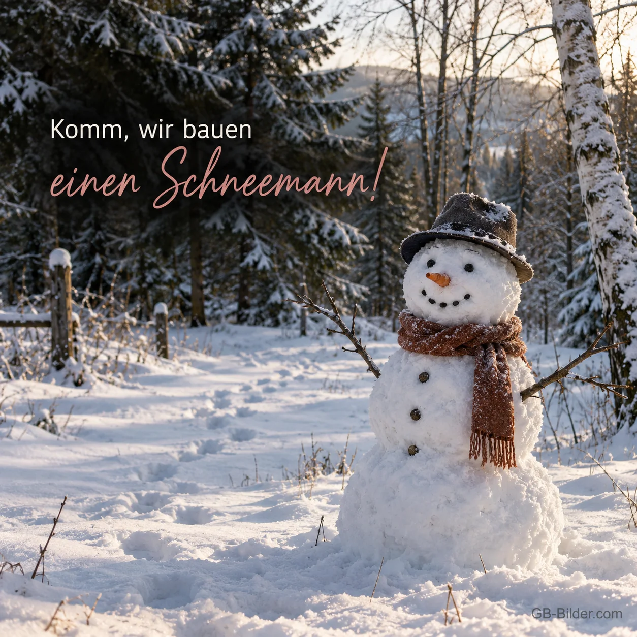 Schneemann mit Hut und Schal im Winterwald, Text: Komm, wir bauen einen Schneemann! Schneemann mit Hut und Schal im Winterwald, Text: Komm, wir bauen einen Schneemann!