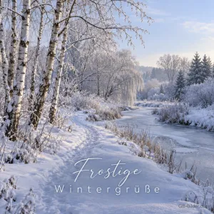 Verschneiter Weg an einem gefrorenen Fluss, Text: Frostige Wintergrüße
