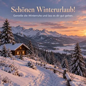 Berghütte im Schnee vor Alpengipfeln, Text: Schönen Winterurlaub! Genieße die Winterruhe.
