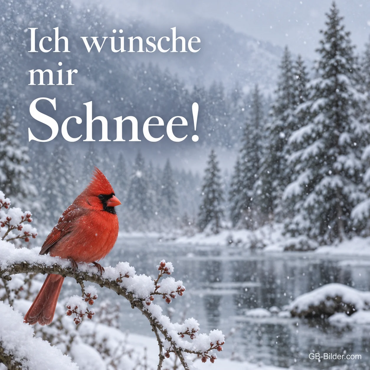 Roter Vogel auf einem verschneiten Zweig, Text: Ich wünsche mir Schnee! Roter Vogel auf einem verschneiten Zweig, Text: Ich wünsche mir Schnee!