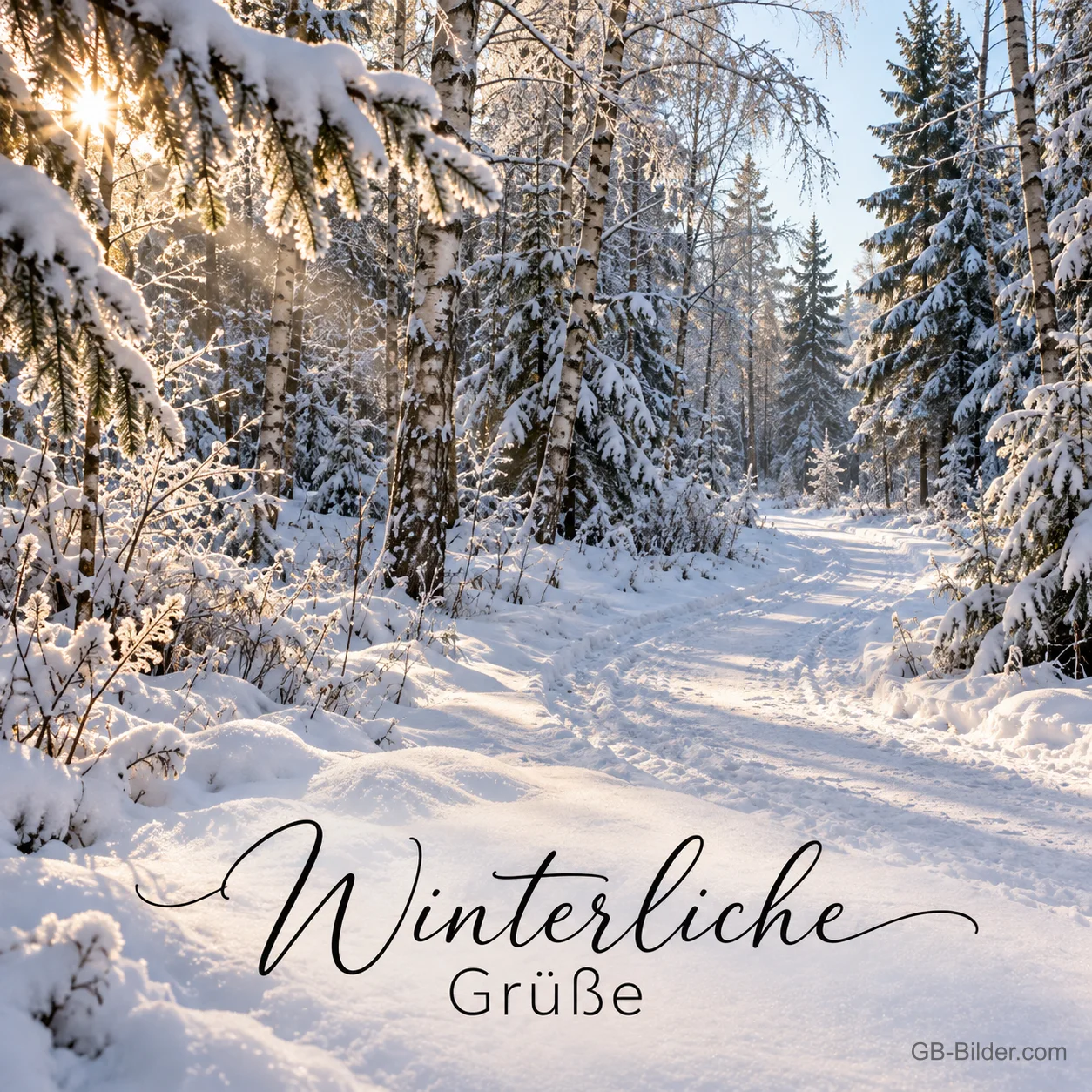 Verschneiter Waldweg im Sonnenlicht, Text: Winterliche Grüße Verschneiter Waldweg im Sonnenlicht, Text: Winterliche Grüße