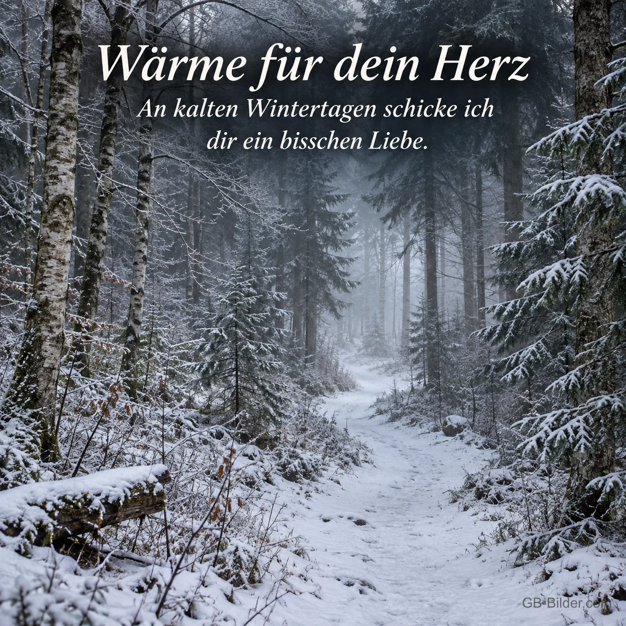 Verschneiter Waldweg im Nebel, Text: Wärme für dein Herz – An kalten Wintertagen schicke ich dir ein bisschen Liebe. Verschneiter Waldweg im Nebel, Text: Wärme für dein Herz – An kalten Wintertagen schicke ich dir ein bisschen Liebe.