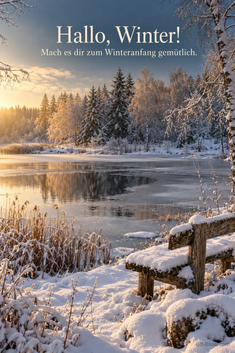 Verschneite Bank am zugefrorenen See, Text: Hallo, Winter! Mach es dir zum Winteranfang gemütlich.