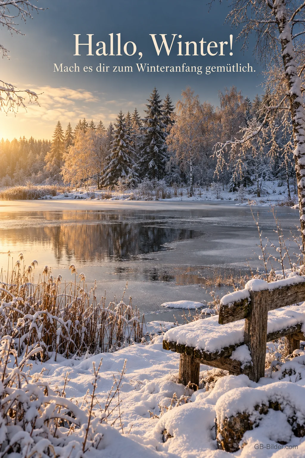 Verschneite Bank am zugefrorenen See, Text: Hallo, Winter! Mach es dir zum Winteranfang gemütlich.