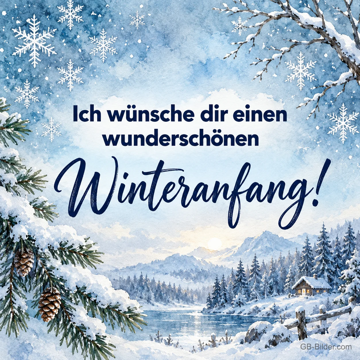 Verschneites Bergtal in Aquarell, Text: Ich wünsche dir einen wunderschönen Winteranfang!