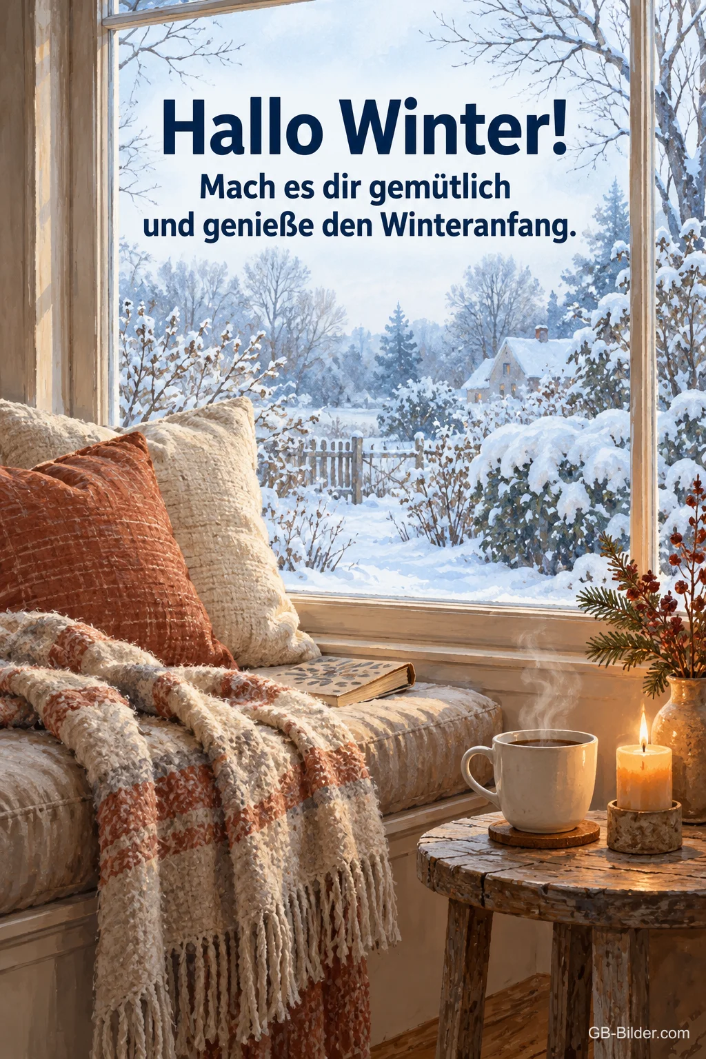 Gemütliche Fensterbank mit Blick in den verschneiten Garten, Text: Hallo Winter!