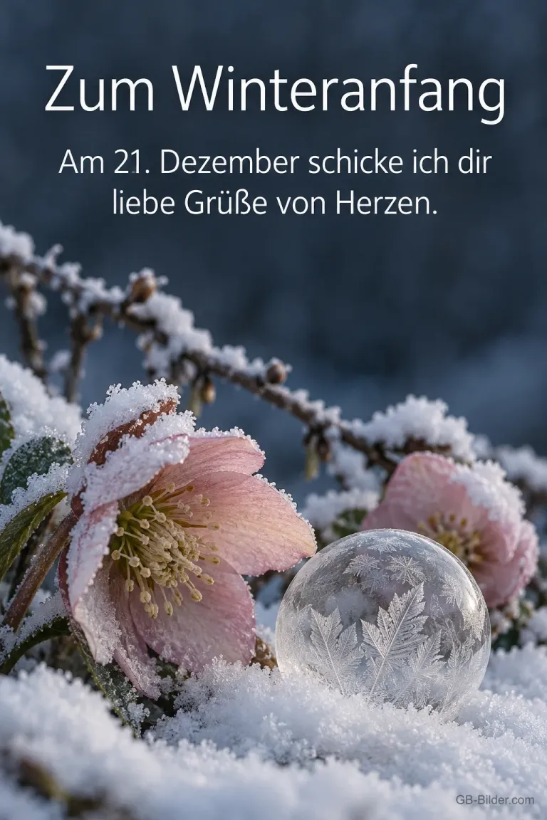Gefrorene Seifenblase neben Christrosen im Schnee, Text: Zum Winteranfang