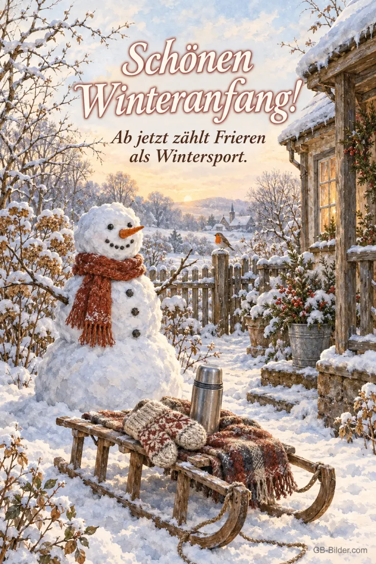 Schneemann neben einem Schlitten im Garten, Text: Schönen Winteranfang! Ab jetzt zählt Frieren als Wintersport.