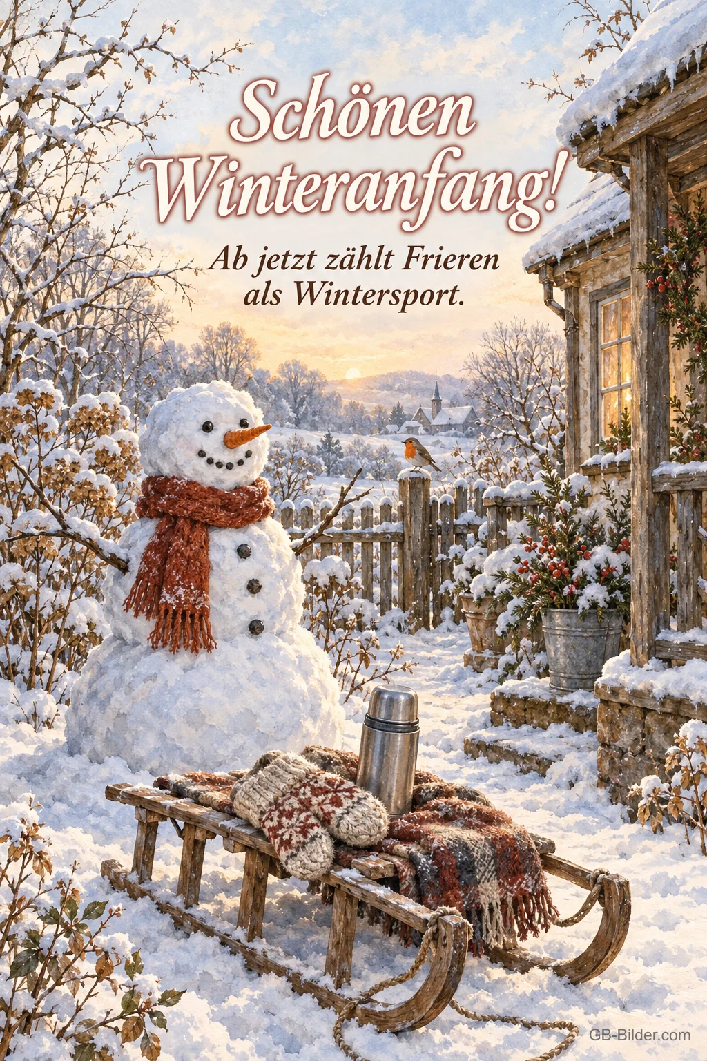 Schneemann neben einem Schlitten im Garten, Text: Schönen Winteranfang! Ab jetzt zählt Frieren als Wintersport.