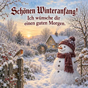 Schneemann und Rotkehlchen vor einem verschneiten Haus, Text: Schönen Winteranfang!