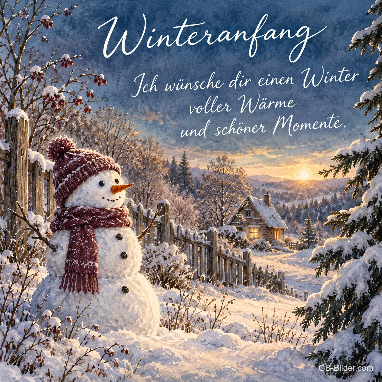 Schneemann am Gartenzaun im Abendlicht, Text: Winteranfang
