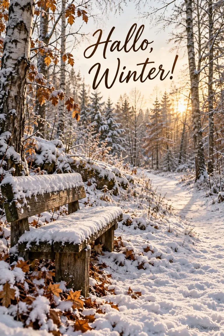 Verschneite Bank am Waldweg, Text: Hallo, Winter!