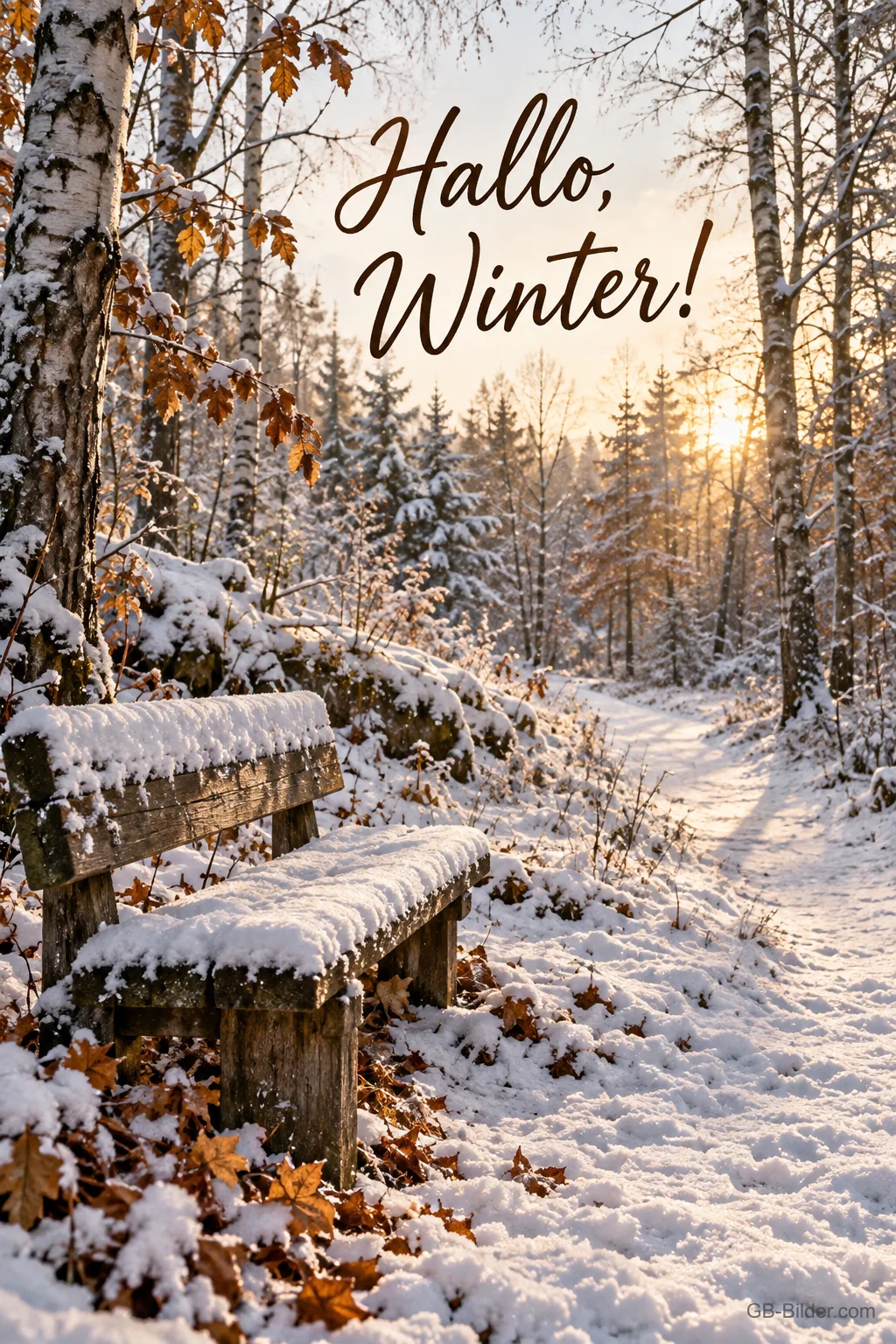Verschneite Bank am Waldweg, Text: Hallo, Winter!